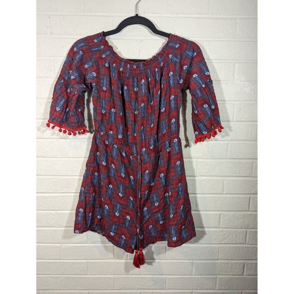 THML‎ Women's Red Blue Pom Pom Romper Boho Size L